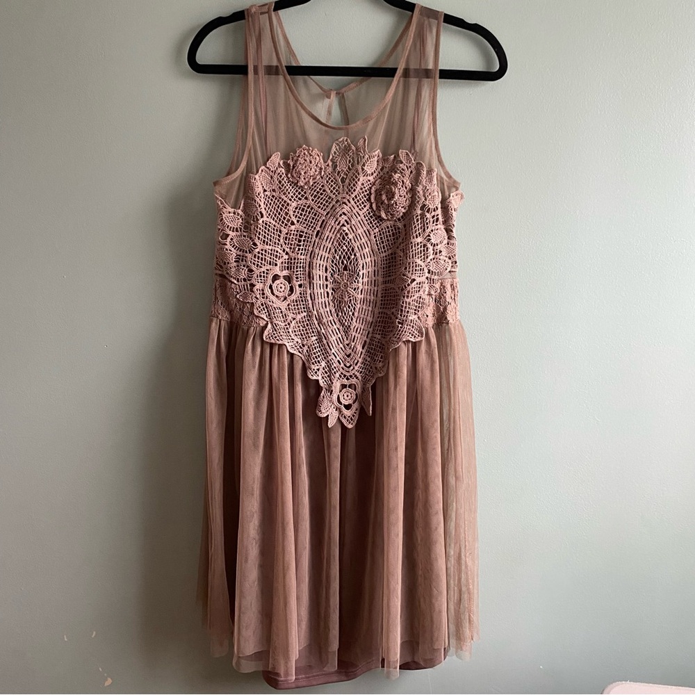 A’reve bojo princess tulle embroidered Elegant Lace Overlay Mini Dress in taupe